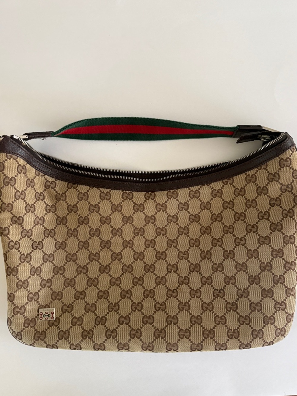 Gucci Brown Beige GG Canvas Medium Hobo with Signature Green-Red Web Strap